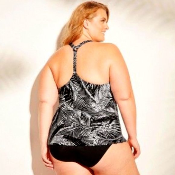 Swim Top PLUS 2X 20W 20 Tropical Print Tankini Black White Bathing Swimsuit NEW - Picture 2 of 4